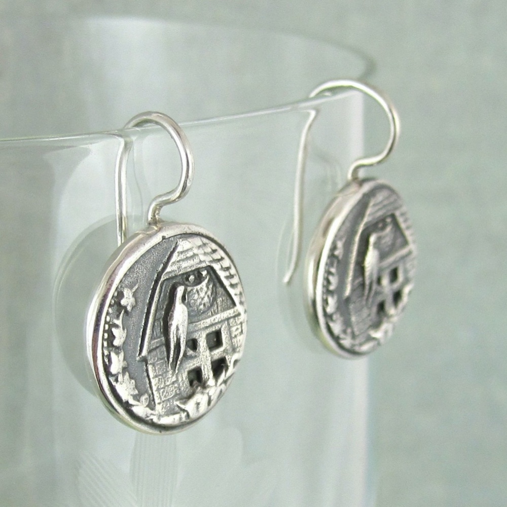 Antique Button Earrings Sterling Silver Barn Swallow Birds